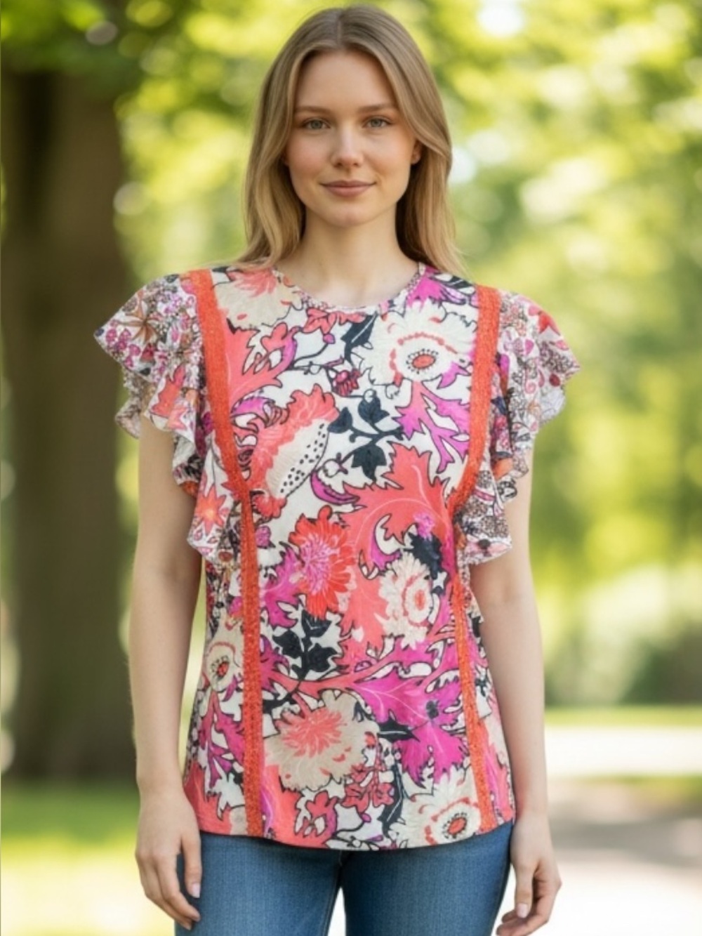 Anthropologie Conditions Apply Floral Knit Top Ruffle Flutter Sleeve M